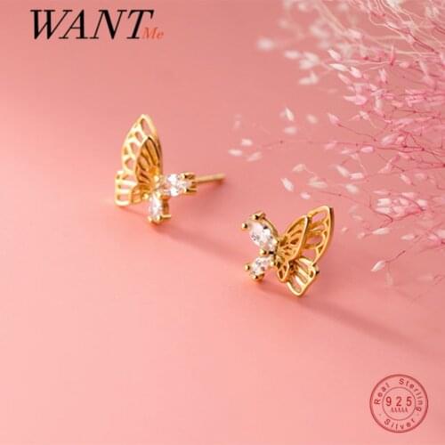 WANTME Genuine 925 Sterling Silver Romantic Korean Hollow Charming Butterfly Small Earrings for Women Insect Jewelry Trend 2021