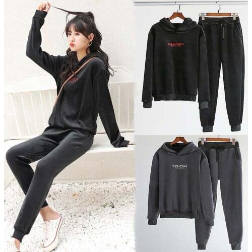 Winter Fashion Womens Hoodies Tracksuit 2 Piece Set Print Pullover+Jogger Pants Fleece Female Sweatshirt Sportwear Sports Suit