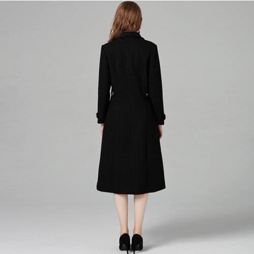 Elegant Solid Black X-Long Wool Coat Women Fashion Lapel Double Breasted Casual Woolen Jacket Female High Quality Outerwear Lady