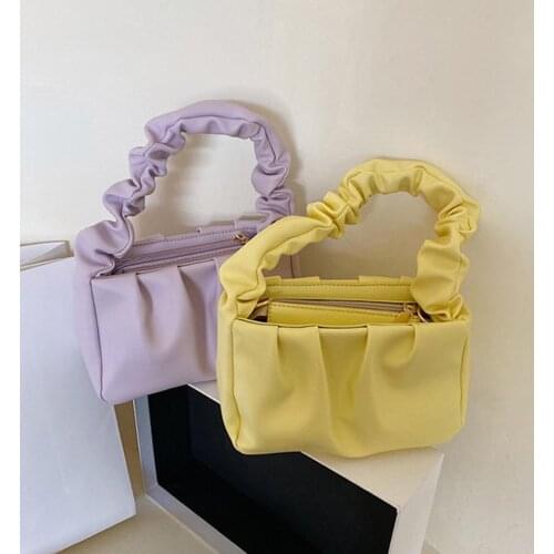 2021 Elegant Sweet Women Faux Leather Cloud Ruched Tote Bag Solid Candy Color Shoulder Pouch Handbag for Casual Daily Life