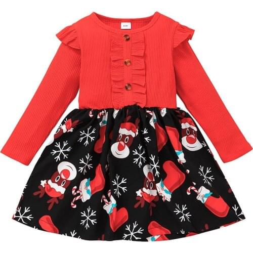 2021 New Child Baby Girls Christmas Dress Red Knitting Ruffle Top Cartoon Xmas Print A Line Autumn Dress 18M-6Y