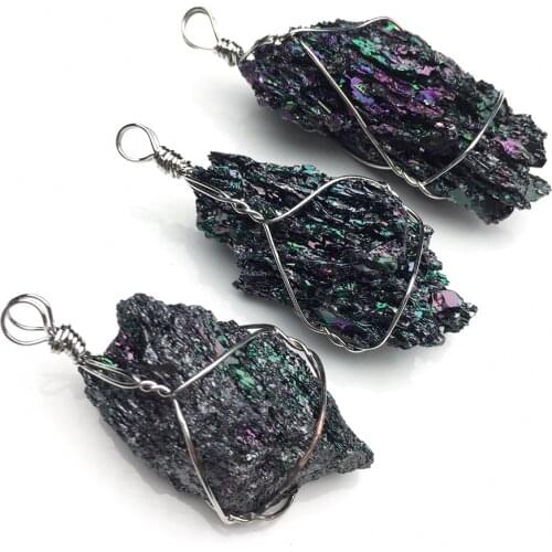 6pcs Irregular Natural Coal Crystal Pendants Handmade Winding Jewelry Making Necklace Energy Meditation Pendulum For Wholesales