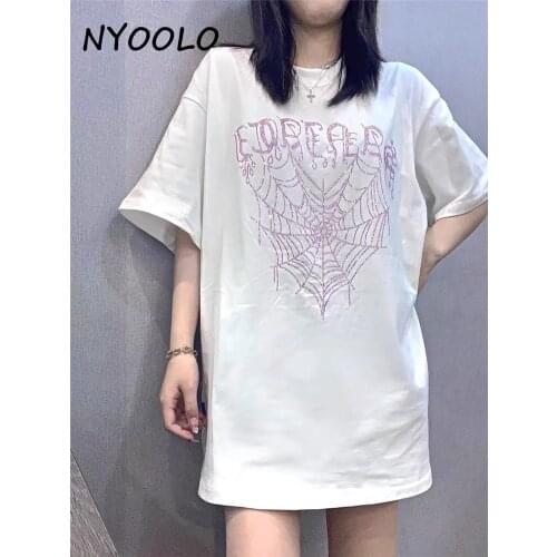 NYOOLO Novelty Design Spider Web Hot Diamonds Short Sleeve Goth Oversized T-Shirt Women Men Summer Streetwear Hip Hop Punk Tops