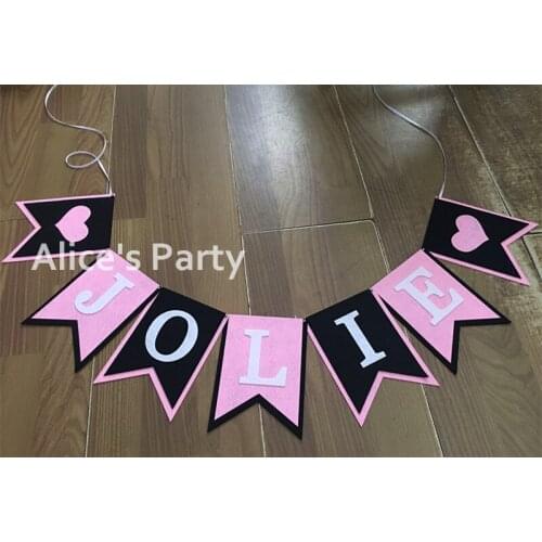 Customized Rock Theme Birthday Party Decoration Black Pink Heart Name Bunting Banner Baby shower Baptism Garland Photo Prop