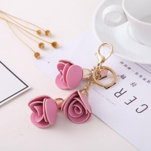 Leather Camellia Flower Keychain Bag Pendant Car Key Ring for Women Bag Charm Trinket Accessory Key Ring Holder EH879