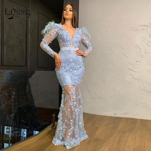 Pretty Baby Blue 3D Flower Mermaid Prom Dresses 2020 Pearls Lace Feather Long Prom Gowns Sexy See Thru Formal Party Dress