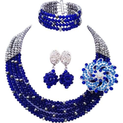 Fashion Silver Royal Blue Nigerian Wedding Necklace Costume African Beads Jewelry Set Crystal 5L-ZJ034