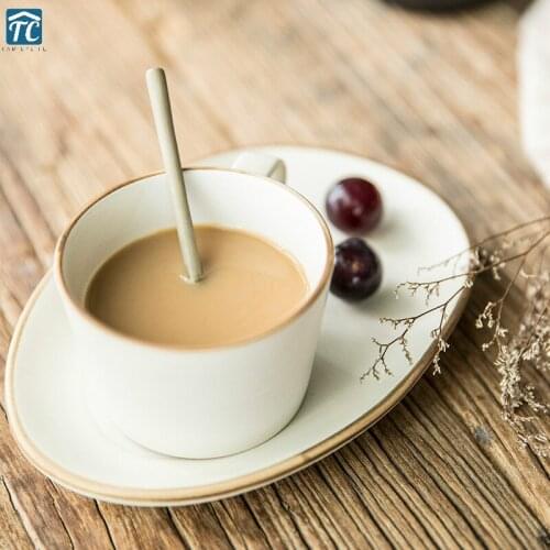 Ceramic Coffee Cup Set Retro Drinkware Breakfast Cups Stoneware Water Mug Vintage Handle Porcelain Saucer Spoon Milk Cup Holder