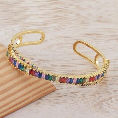 New Fashion Top Quality Copper Zirconia Gold Color Open Cuff Cross Women Bracelets Trendy Luxury Rainbow Bangle Wedding Gift