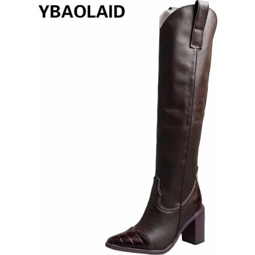 2021 Autumn and Winter New Pointed Top Layer Cowhide Stitching Side Zipper Fashion V-sleeve Thick High-heeled Fashion Boots