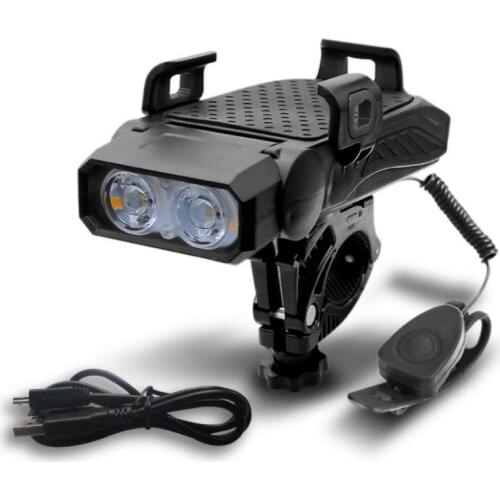 NEW USB Rechargeable Bike Light Flashlight Bicycle Horn Handlebar Phone Holder Cycling Including Mobile Power For Smart Phone