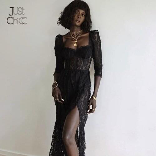 Justchicc See-through Lace Sexy Midi Dress For Women 2021 Square Collar High Split Party Dresses Long Sleeve Night Club Vestidos