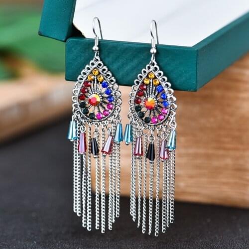 Ethnic Style Bohemian Earrings For Women 2020 Vintage Drop-shaped Alloy Inlaid Rhinestone Chain Crystal Bead Pendant Earrings