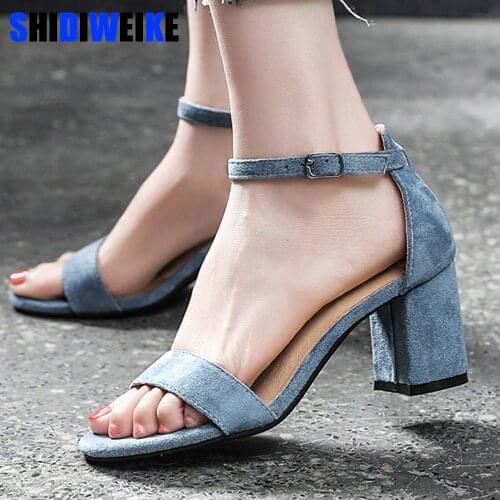 Blue Gladiator Sandals Summer Office High Heels Shoes Woman Buckle Strap Pumps Casual Women Shoes Plus Size 35-40 5cm 7cm