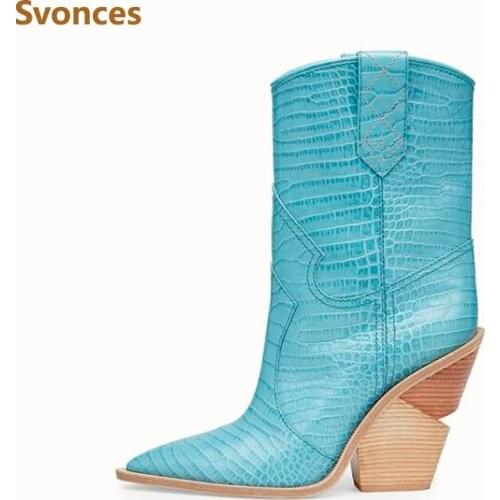 Fashion Strange Heel Leading Shoes Woman Pointed Toe High Heels Crocodile Pattern Genuine Leather Slip-On Lady Boots Plus Size43