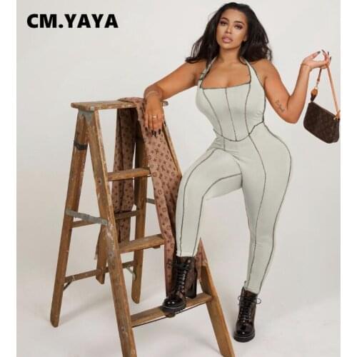 CM.YAYA Women Jumpsuit Solid Sleeveless Bandage Haler Backless Skinny Pencil Jumpsuits Sexy Casual One Piece Overalls Summer