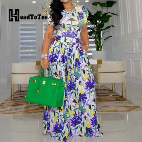Print Short Sleeve Crop Tops & Wide Leg Pants Set Women Summer Two Piece Set