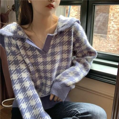 2020 Women Autumn Turn-down Collar Houndstooth Thick Short Sweater Full Sleeve Knitted Pullovers Casual Jumpers