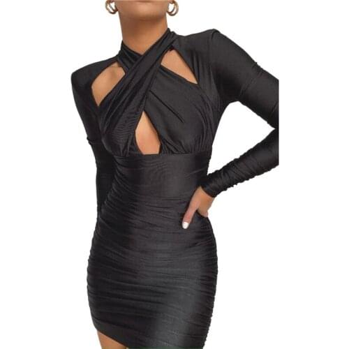 Women Close-fitting Hollow Out Dress Black Solid Color Halter Neck Long Sleeve Dress S/ M/ L