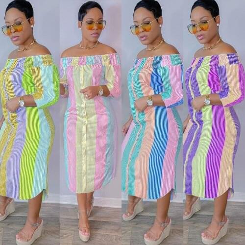 Rainbow Striped Cold Shoulder Bandage Dress Casual Women Slash Neck Long Sleeve Irregular Dresses Birthday Party Shirt Vestido
