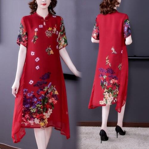 Chinese Style Vintage 5XL Plus Size Mulberry Silk Dress Summer Print Chiffon Midi Dress 2021 Women Elegant Bodycon Party Vestido