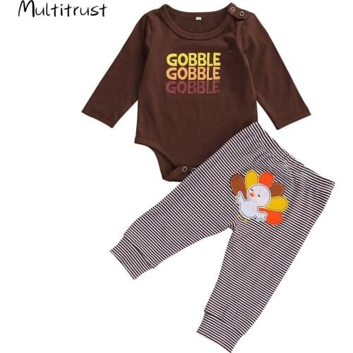 2020 Thanksgiving Days Boys Girls Clothes Sets 0-12M Turkey Print Long Sleeve Romper Tops Striped Pants