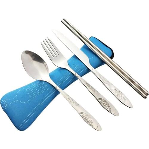 Hot 4Pcs/set Portable Stainless Steel Cutlery Set Flower Painting Fork Dinner Tableware Set Tableware Case Kit For Camping