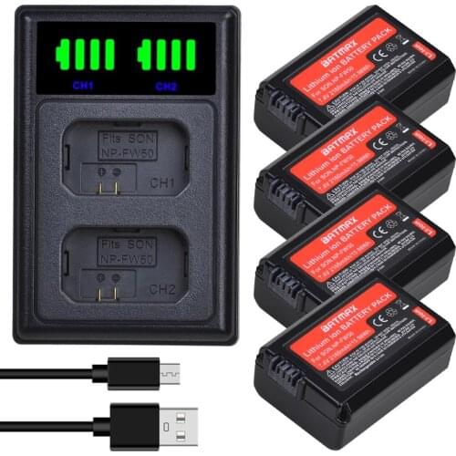 Batmax 4pcs NP-FW50 NPFW50 FW50 Battery+LED Dual Charger with Type C Port for Sony a6500 a6400 a6300 a7 7R a7R a7R II a7II NEX-3