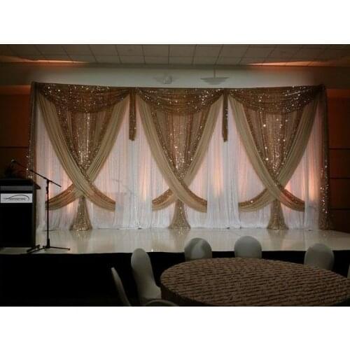 Free Shipping 3m*6m White Wedding Backdrop Curtain With shiny gold sequin Drape Swag For Wedding Decoration