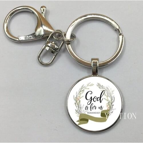 NEW Romans 8 31 God is for us Bible Verse Keychain Glass Tile Charm Inspirational Fashion Jewelry Women Men Christian Gifts
