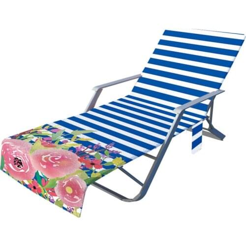 Stripe Flower Print Summer Beach Recliner Cover Lazy Deck Chair Cover with Pocket Sunbathing Lounger Sling Chair Beach Towel