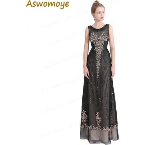 Aswomoye Elegant A-Line Evening Dress Long 2018 Sequins Prom Dresses Black Illusion Formal Party Dress Vestido de festa