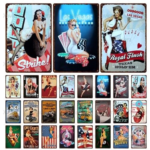 Metal Tin Signs Comic Sexy Pin Up Girl & Poker Home Decor Bar Pub Casino Decorative Vintage Poster Iron Plates Metal Wall Art