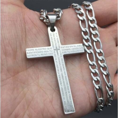 Fashion Men Cross Necklaces Stainless Steel Crucifix Bible Lords Prayer Pendant Choker Jewelry Colar Masculino 24"