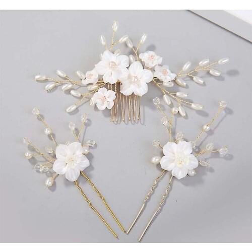 GETNOIVAS Gorgeous White Flower Pearls Hair Sticks Wedding Hair Comb Hair Pins Clips Set Bridal Hair Jewelry Accessories Set SL
