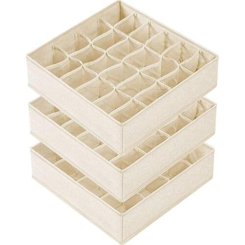 New 3 Pack Sock Underwear Organizer Dividers, 64 Cell Fabric Foldable Cabinet Closet Organizers and Storage Boxes Beige