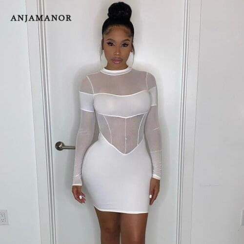 ANJAMANOR sexy white patchwork mesh transparent dress for women party clubwear long sleeve bodycon mini dresses D85-BG16