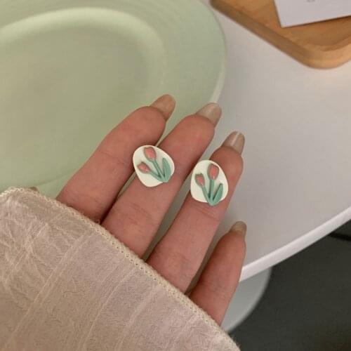 Tulip Three-dimensional Painting Stud Earrings Blue White Pink Green Earrings Exquisite and Fresh Forest Series Gift for Friends