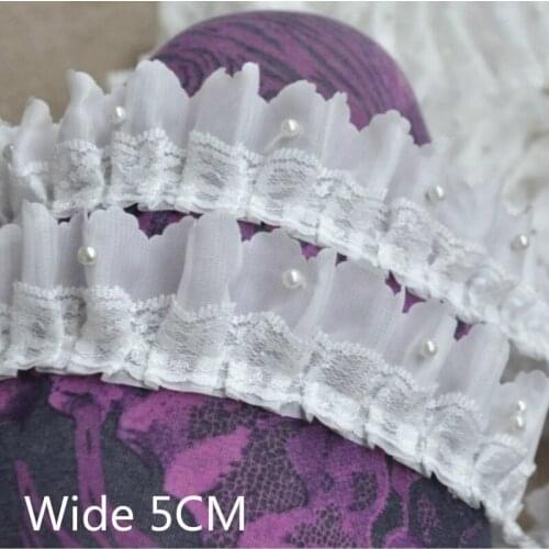 5CM Wide White Folded Chiffon Lace Beaded Embroidered Guipure Ribbon Collar Edge Trim For DIY Dress Applique Sewing Fringe Decor