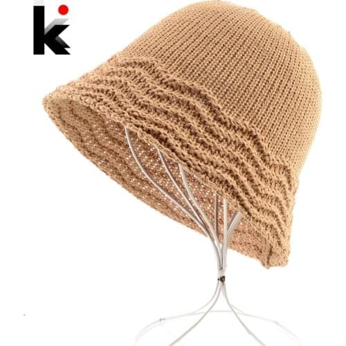 Ladies Vintage Floppy Hat Knit Wavy Edge Straw Suncap Beach Casual Sun Protection Hats Women Solid Color Foldable Sunbonnet