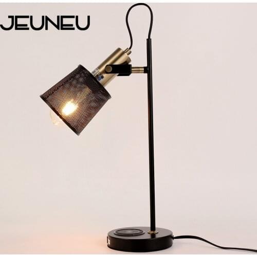 Industrial Retro Desk Lamp with Wireless Charger USB Charging Port Adjustable Black Iron Metal Net Table Light with Switch Plug
