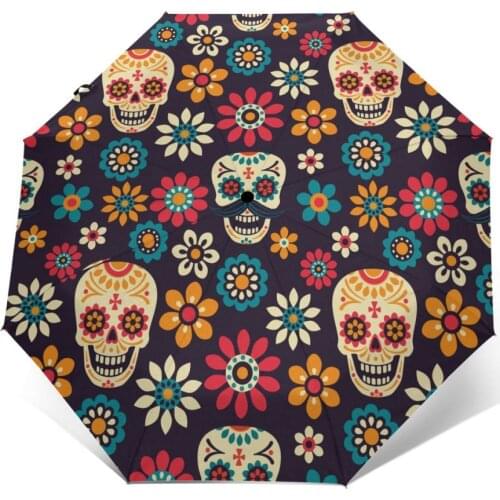 Sugar Skulls And Flowers Day Of The Dead Windproof Automatic Folding Inverted Umbrella Portable Paraguas for Man Woman