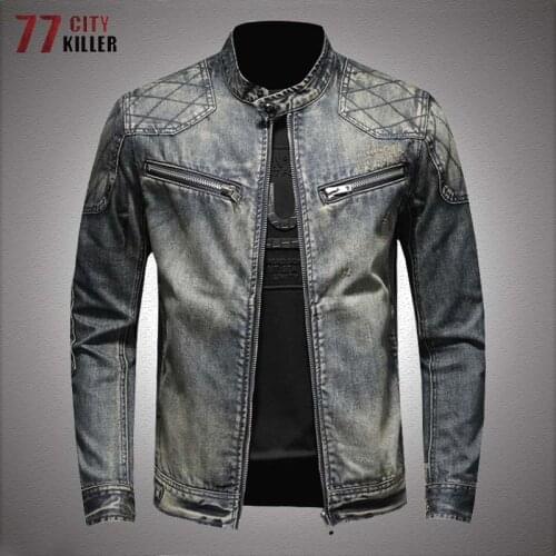 Vintage Zipper Denim Jacket Men Spring Autumn Stand Collar Washed Motorcycle Cowboy Coats Mens New Flag Epaulettes Jeans Jackets