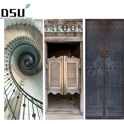 Vintage 3D Saloon Metal Door Pattern DIY Door Stickers Waterproof Removable Wallpapers Self Adhesive Sticker Home Decor 200*77cm