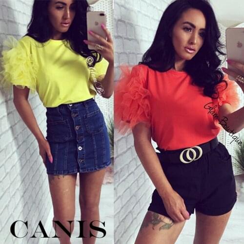 Women Tulle Ruffle Short Sleeve Mesh Tee Tops Ladies Crew Neck Party Loose Casual T Shirt Clubwear