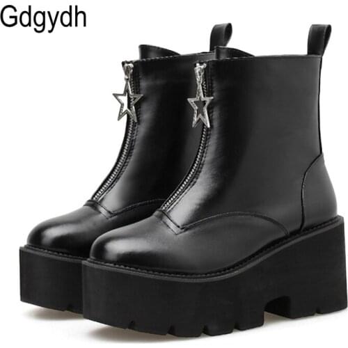 Gdgydh Front Star Zipper y2k Shoes Platform Boots Women Black Chunk Heel Moon Star Ring Women Gothic Style Walking Footwear