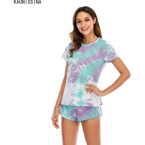 Women Pajamas Set O-Neck Short Sleeve Tops and Shorts Tie-dyed Soft Pajama Set Female Homewear Summer Cotton Pyjamas Women