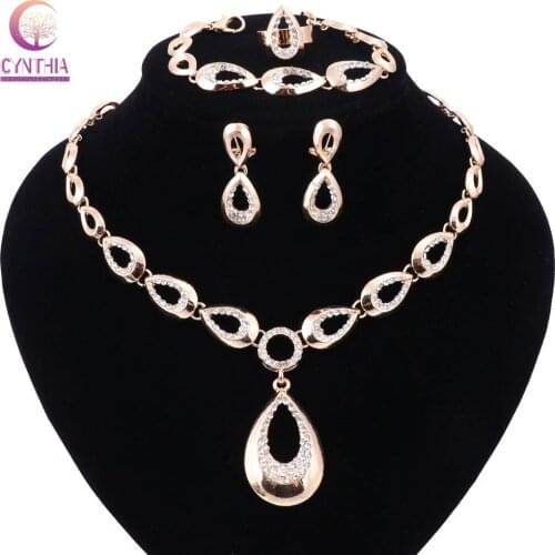 Women Wedding Fine Gold color Crystal Jewelry Set African Beads Collar Necklace Earring Bracelet Rings Bridal Dress Accessories