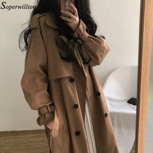 Trench Coat Women Long Long Outerwear Chic Loose Overcoat Autumn Winter Fashion Double-breasted Windbreaker Femme Belt Black