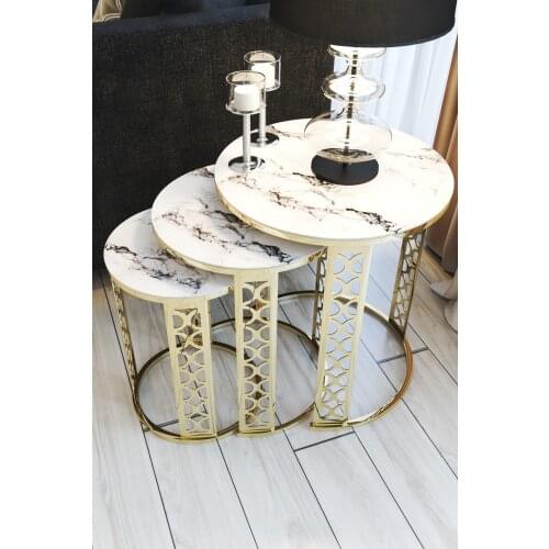 White Marble Pattern Laser Cut Lux Gold Zigon Coffee Table
